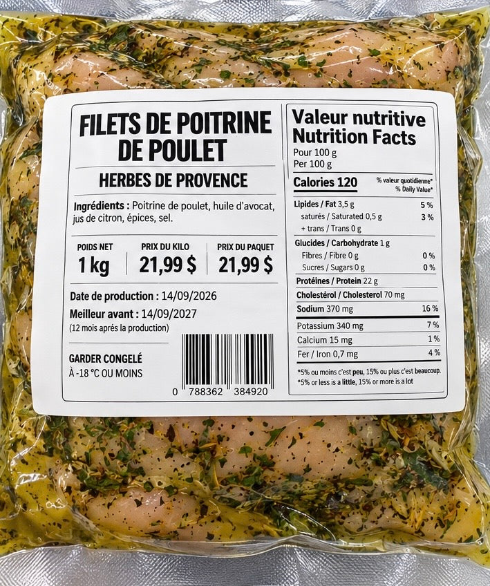 Filet de poitrine de poulet Herbes de Provence ( 1kg )